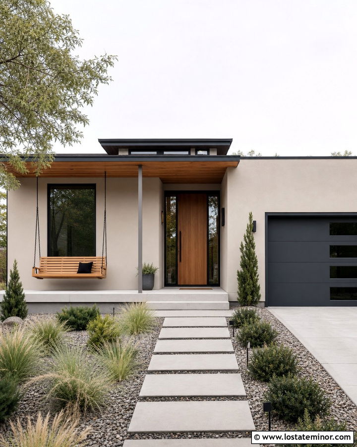 Beige Modern House With Slatted Wood Swing - 30 Beige House Design With Swing Ideas