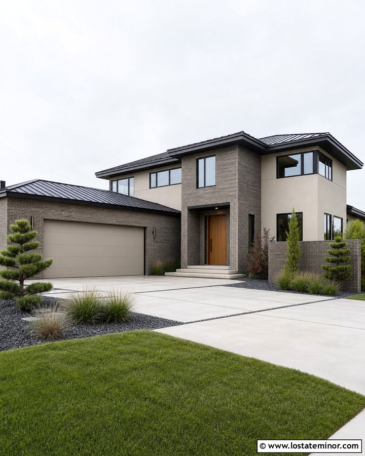 Beige Modern House With Thin Brick Accents - 30 Beige House Design With Brick Accents Ideas