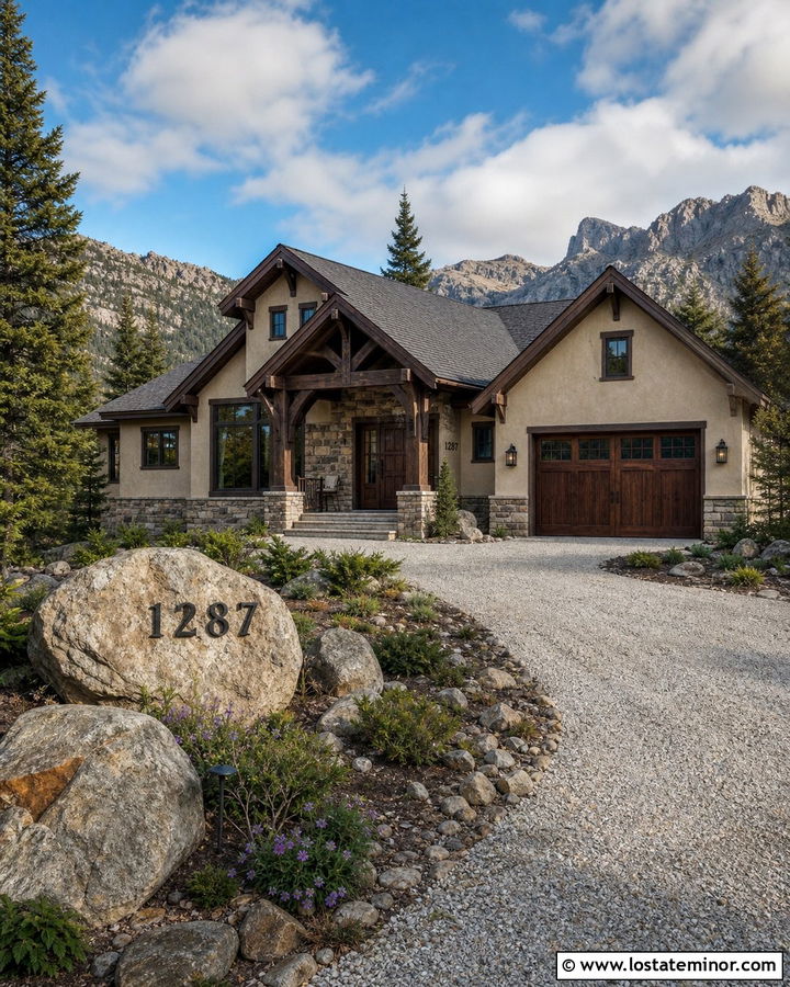 Beige Mountain House With Boulder Address Sign - 30 Beige House Design With House Numbers Ideas