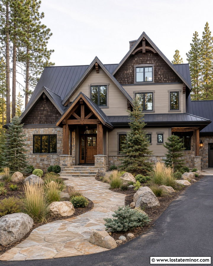 Beige Mountain House With Cedar And Stone - 30 Beige House Design With Cedar Shake Ideas