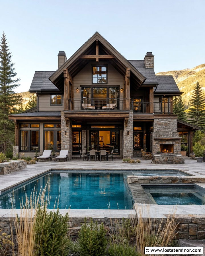 Beige Mountain House With Heated Pool - 30 Beige House Design With Swimming Pool Ideas