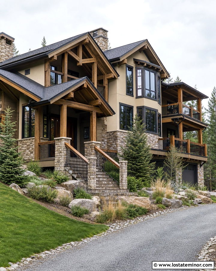 Beige Mountain House With Metal And Wood Railings - 30 Beige House Design With Railings Ideas