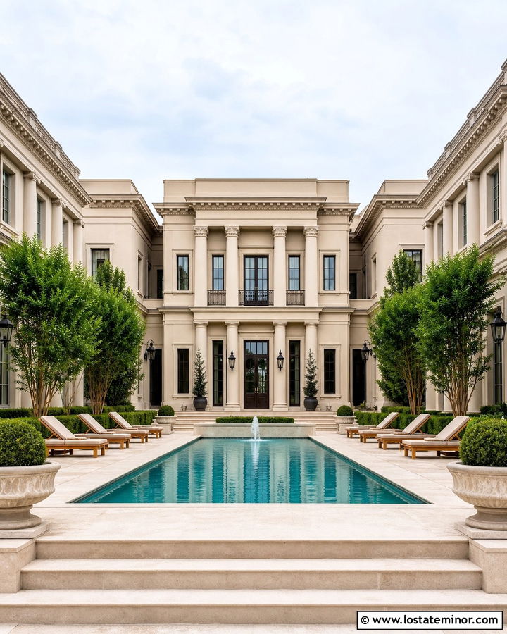 Beige Neoclassical House With Fountain Pool - 30 Beige House Design With Swimming Pool Ideas
