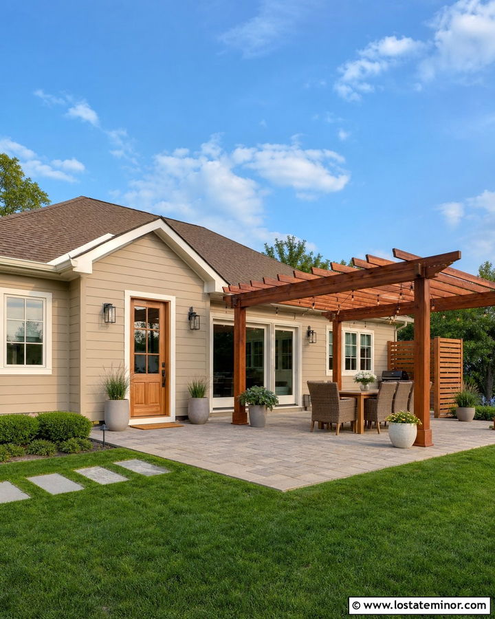 Beige One Story House With Patio Pergola - 30 Beige House Design With Pergola Ideas