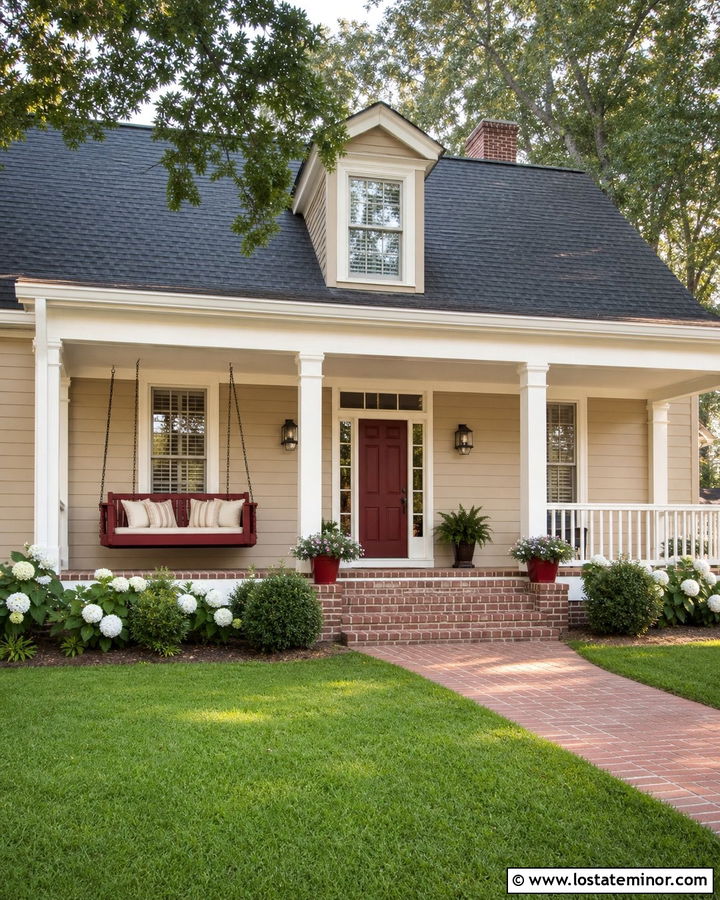 Beige Porch House With Red Swing - 30 Beige House Design With Swing Ideas