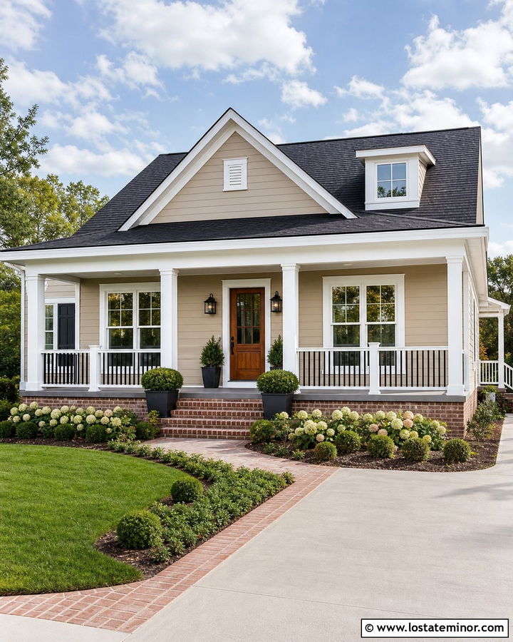 Beige Porch House With Two Tone Railings - 30 Beige House Design With Railings Ideas