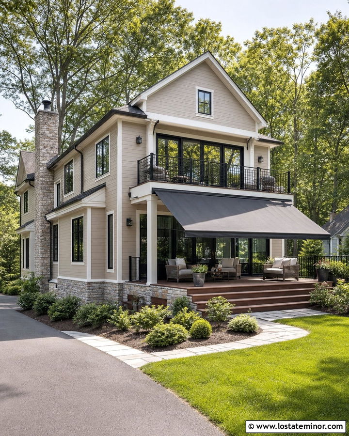 Beige Porch With Large Retractable Awning - 30 Beige House Design With Awning Ideas