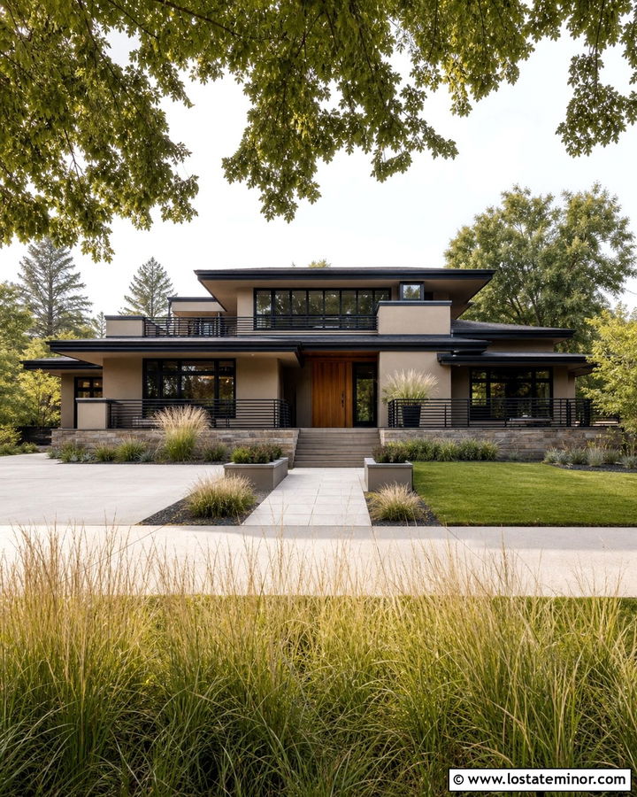 Beige Prairie House With Horizontal Black Railings - 30 Beige House Design With Railings Ideas