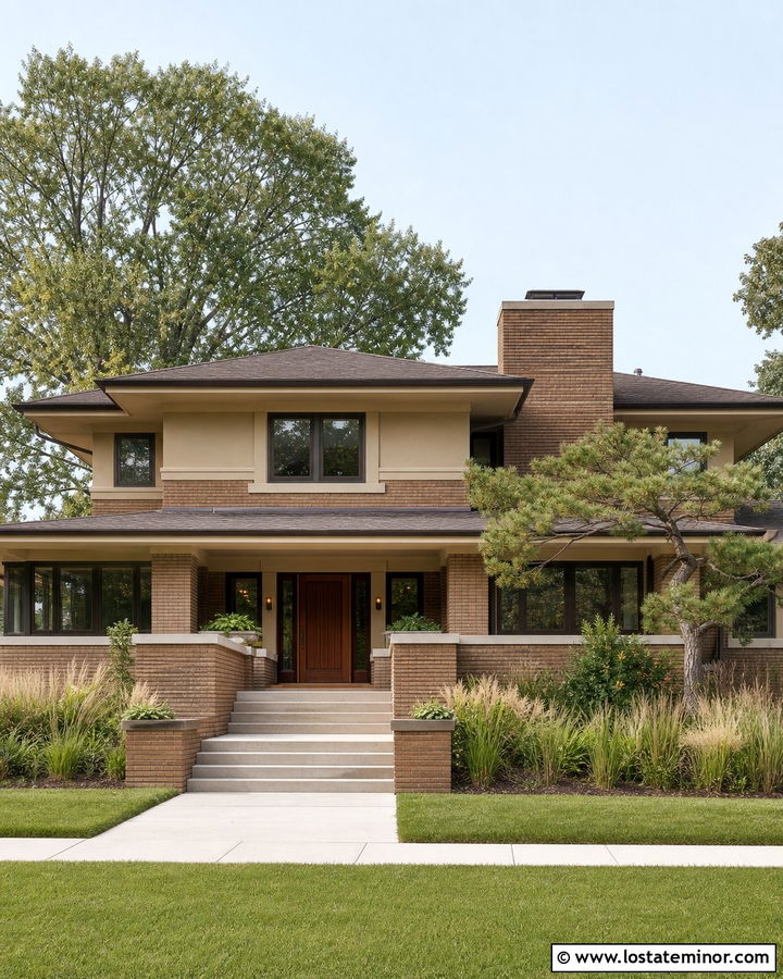 Beige Prairie House With Horizontal Brick Accents - 30 Beige House Design With Brick Accents Ideas