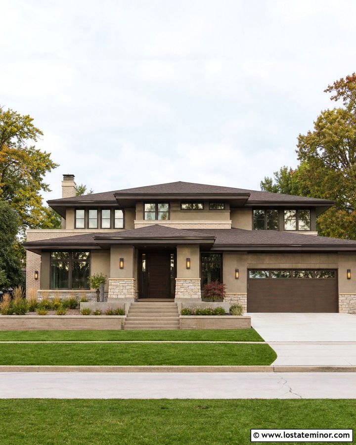 Beige Prairie House With Horizontal Bronze Lights - 30 Beige House Design With Light Fixtures Ideas