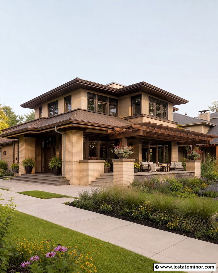 Beige Prairie House With Horizontal Pergola - 30 Beige House Design With Pergola Ideas