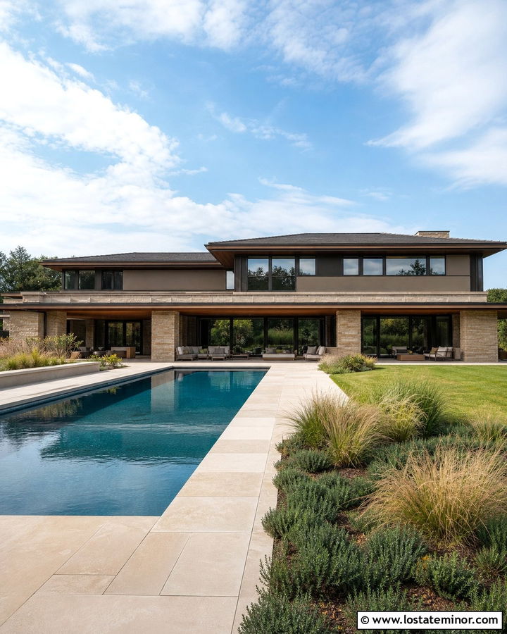 Beige Prairie House With Long Pool - 30 Beige House Design With Swimming Pool Ideas