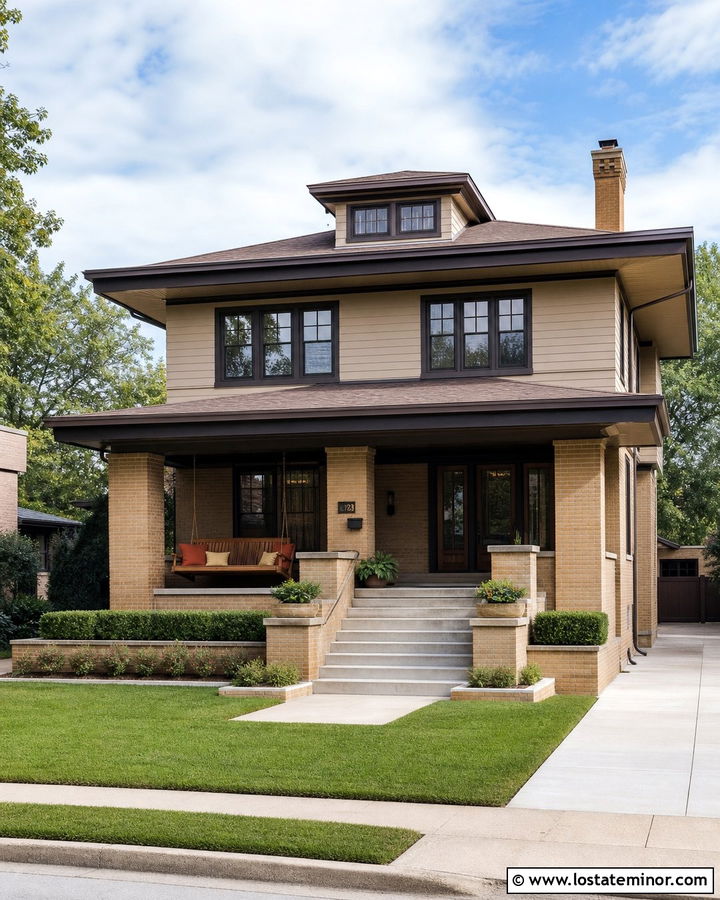Beige Prairie House With Low Back Swing - 30 Beige House Design With Swing Ideas
