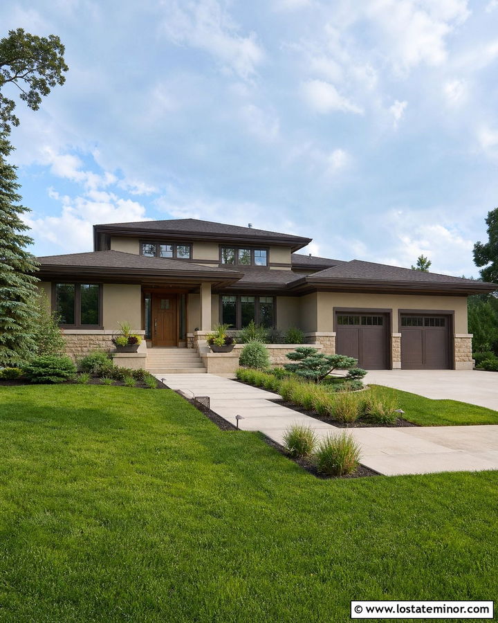 Beige Prairie House With Low Stone Steps - 30 Beige House Design With Steps Ideas