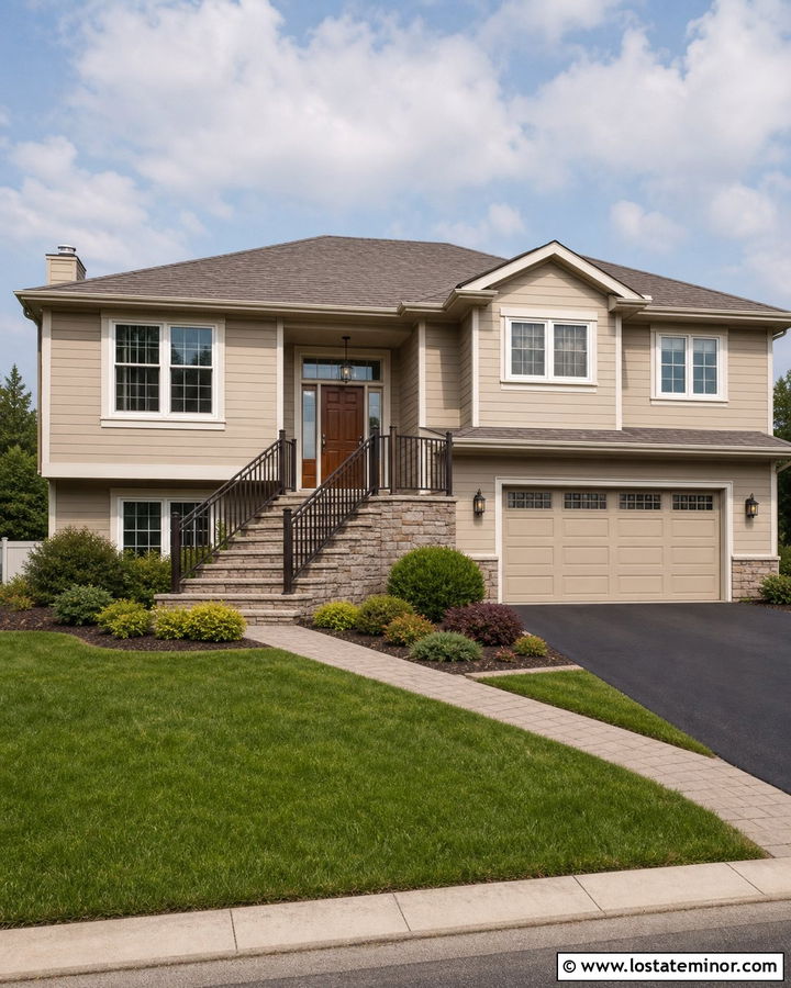 Beige Raised Ranch With Bronze Railings - 30 Beige House Design With Railings Ideas
