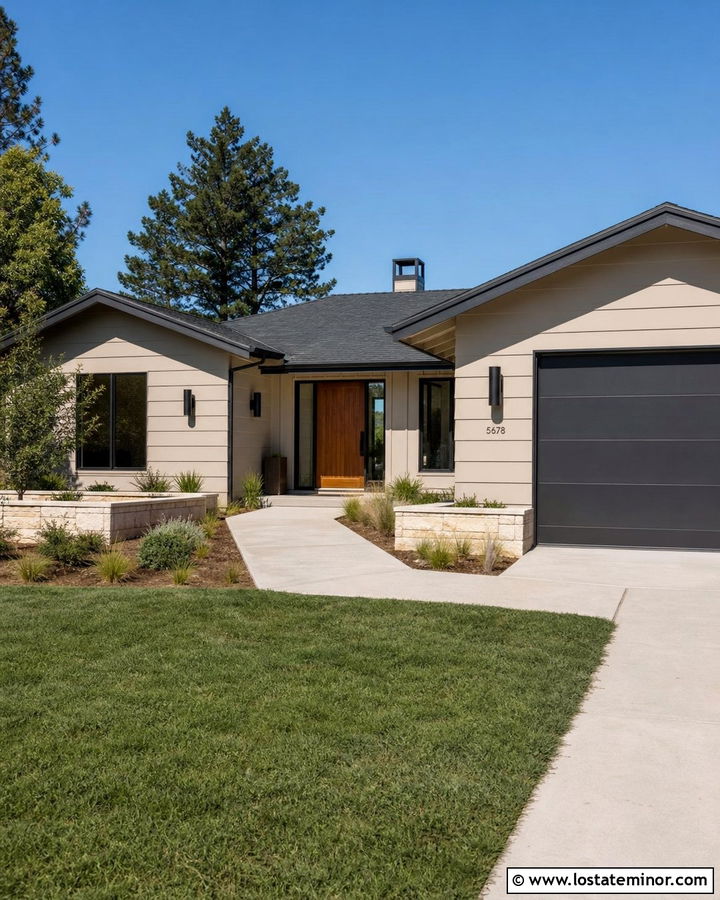 Beige Ranch House With Bronze Cylinder Sconces - 30 Beige House Design With Light Fixtures Ideas