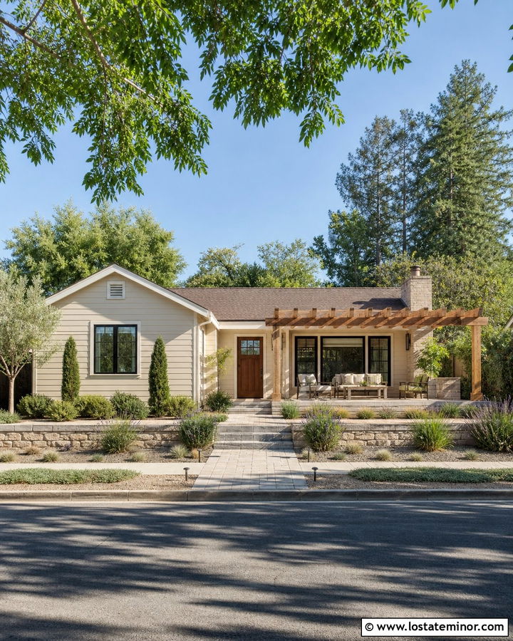Beige Ranch House With Cedar Pergola - 30 Beige House Design With Pergola Ideas