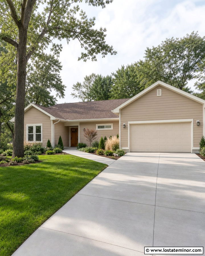 Beige Ranch House With Concrete Driveway - 30 Beige House Design With Driveway Ideas