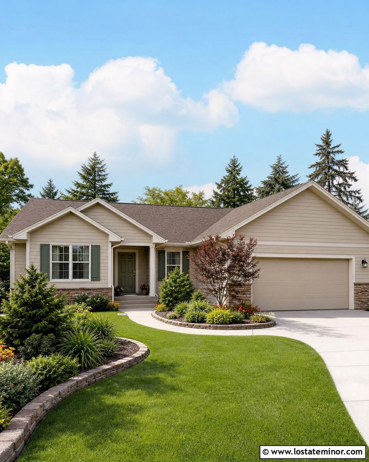 Beige Ranch House With Curved Flower Beds - 30 Beige House Design With Front Yard Ideas