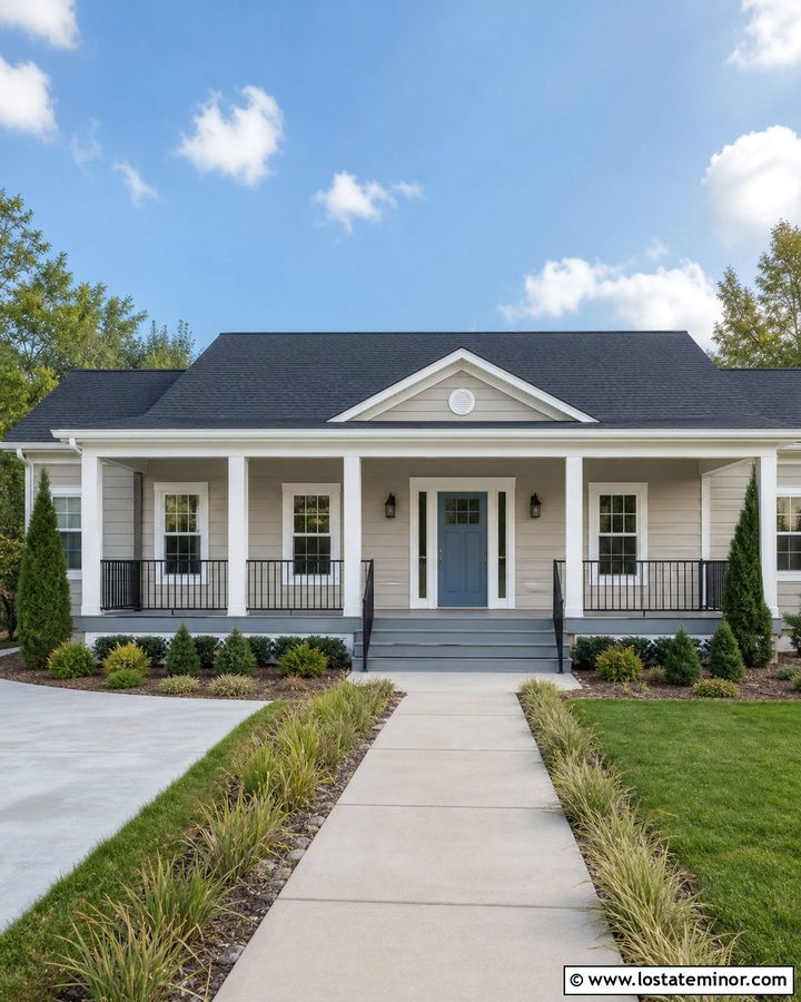 Beige Ranch House With Full Width Front Porch - 30 Beige House Design With Front Porch Ideas
