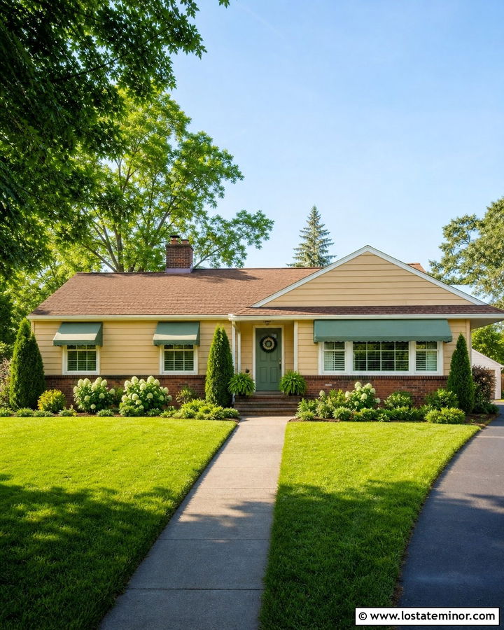 Beige Ranch House With Green Window Awnings - 30 Beige House Design With Awning Ideas