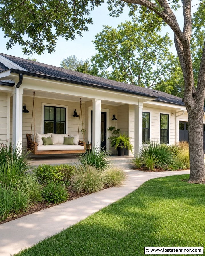Beige Ranch House With Hanging Porch Daybed - 30 Beige House Design With Daybed Ideas
