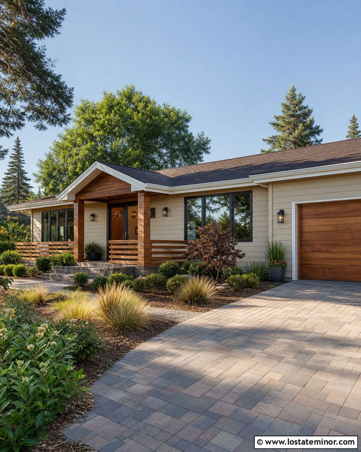 Beige Ranch House With Horizontal Wood Railings - 30 Beige House Design With Railings Ideas