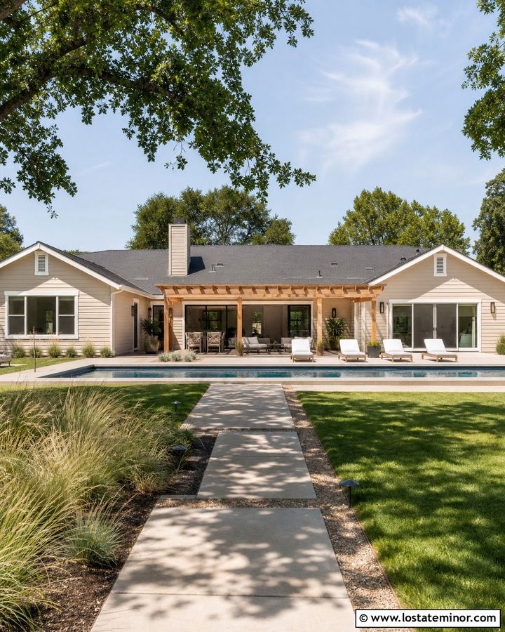 Beige Ranch House With Lap Pool - 30 Beige House Design With Swimming Pool Ideas