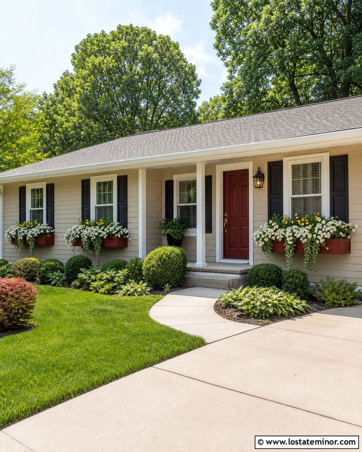 Beige Ranch House With Red Window Boxes - 30 Beige House Design With Window Boxes Ideas