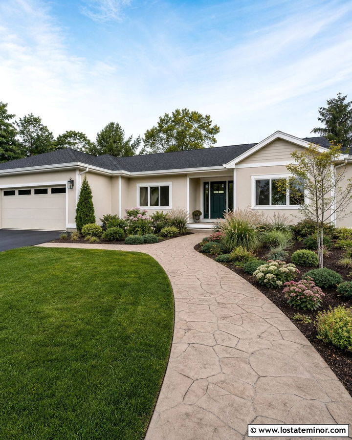 Beige Ranch House With Stamped Concrete Walkway - 30 Beige House Design With Walkway Ideas