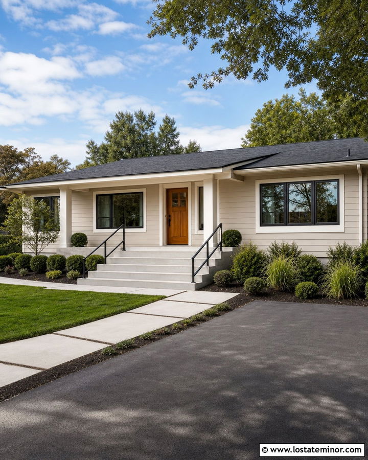 Beige Ranch House With Wide Concrete Steps - 30 Beige House Design With Steps Ideas