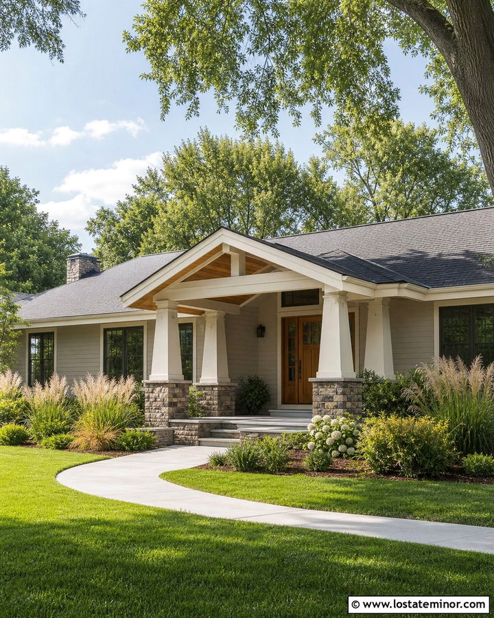Beige Ranch House With Wide Craftsman Portico - 30 Beige House Design With Portico Ideas