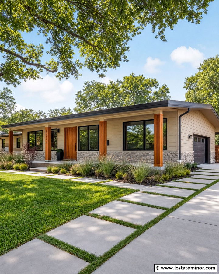 Beige Ranch With Cedar Porch Columns - 30 Beige House Design With Porch Columns Ideas