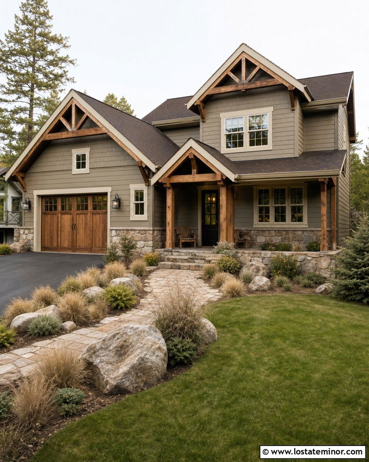 Beige Rustic House With Exposed Gable Beams - 30 Beige House Design With Gables Ideas