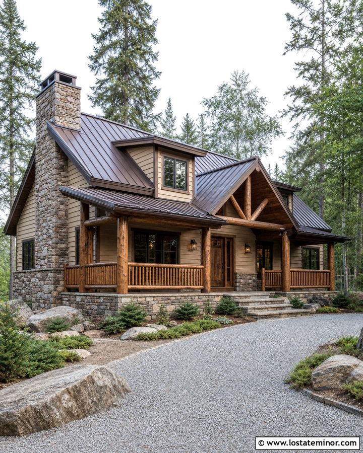Beige Rustic House With Log Railings - 30 Beige House Design With Railings Ideas