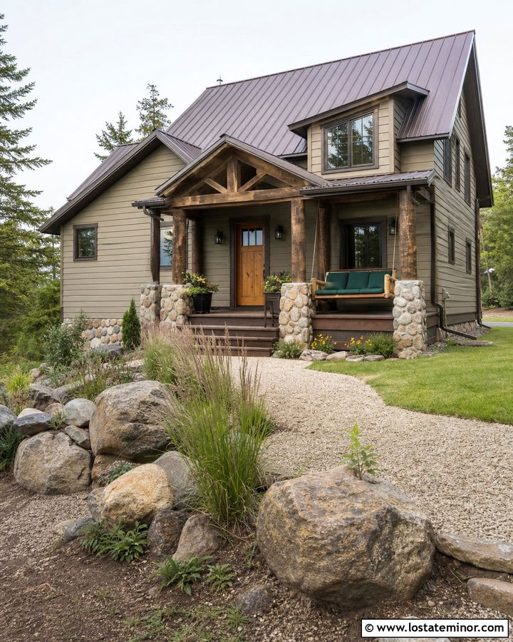 Beige Rustic House With Log Swing - 30 Beige House Design With Swing Ideas