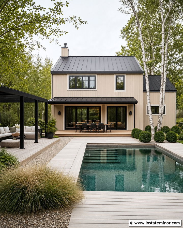 Beige Scandinavian House With Compact Pool - 30 Beige House Design With Swimming Pool Ideas