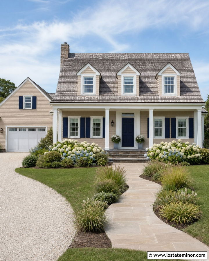 Beige Shake Siding With Navy Shutters - 30 Beige House Design With Siding Ideas