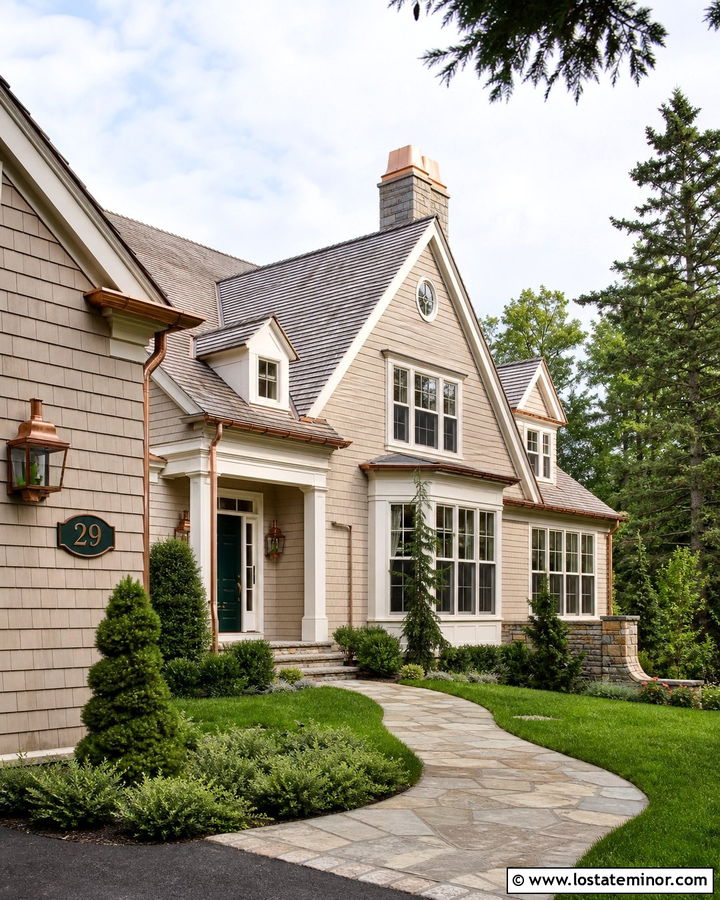 Beige Shingle House With Copper Numbers - 30 Beige House Design With House Numbers Ideas