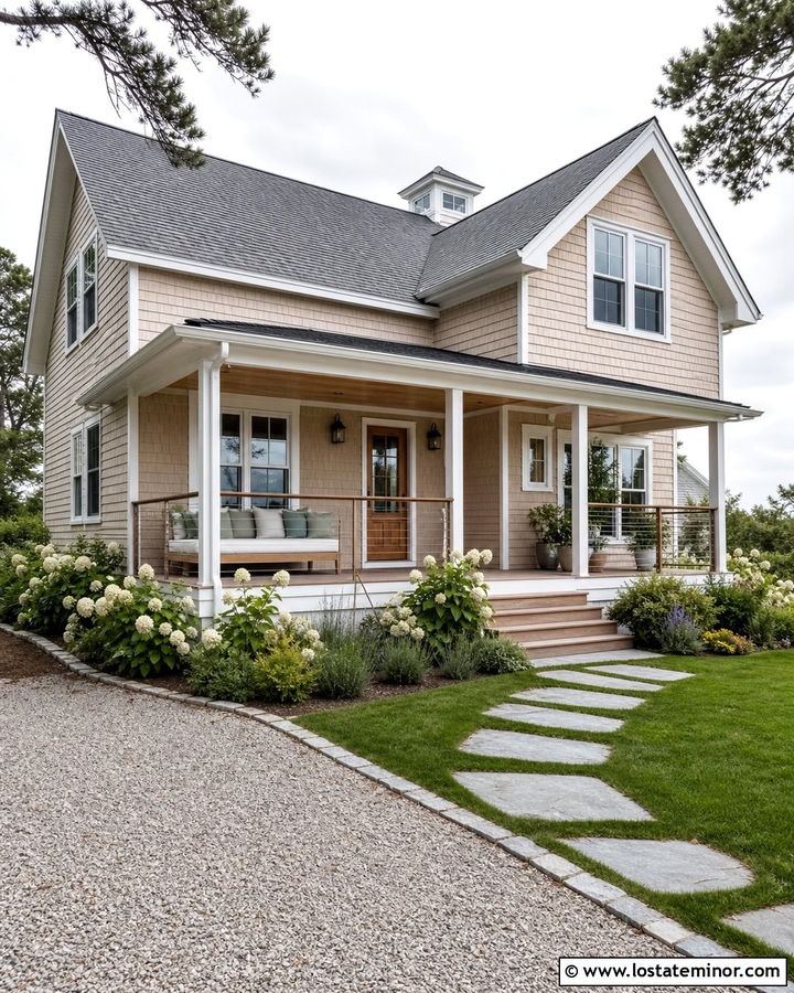 Beige Shingle House With Covered Deck Daybed - 30 Beige House Design With Daybed Ideas