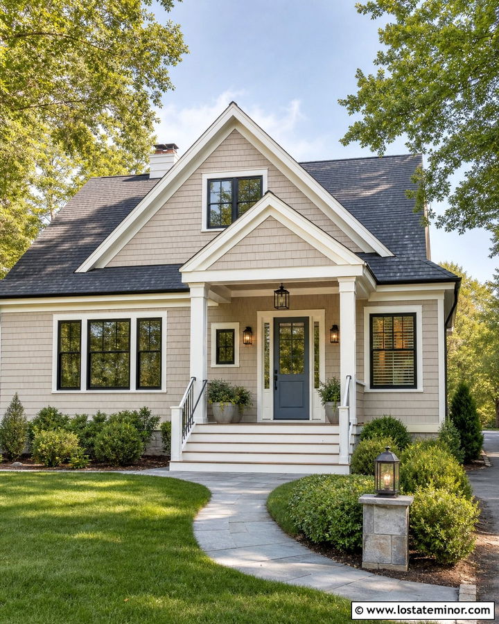 Beige Shingle House With Gabled Porch - 30 Beige House Design With Gables Ideas