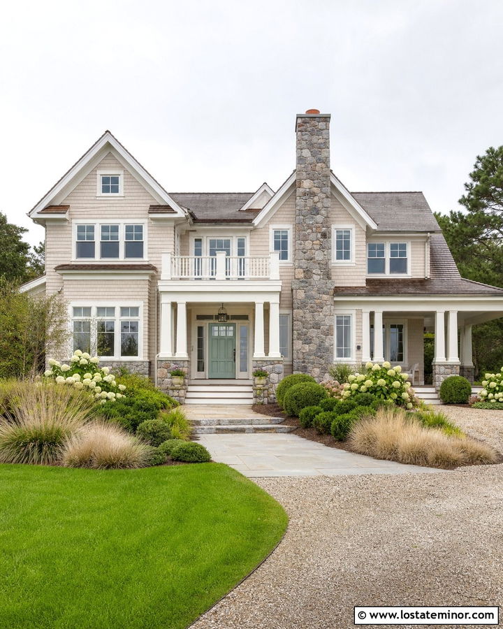Beige Shingle House With Natural Stone Chimney - 30 Beige House Design With Chimney Ideas