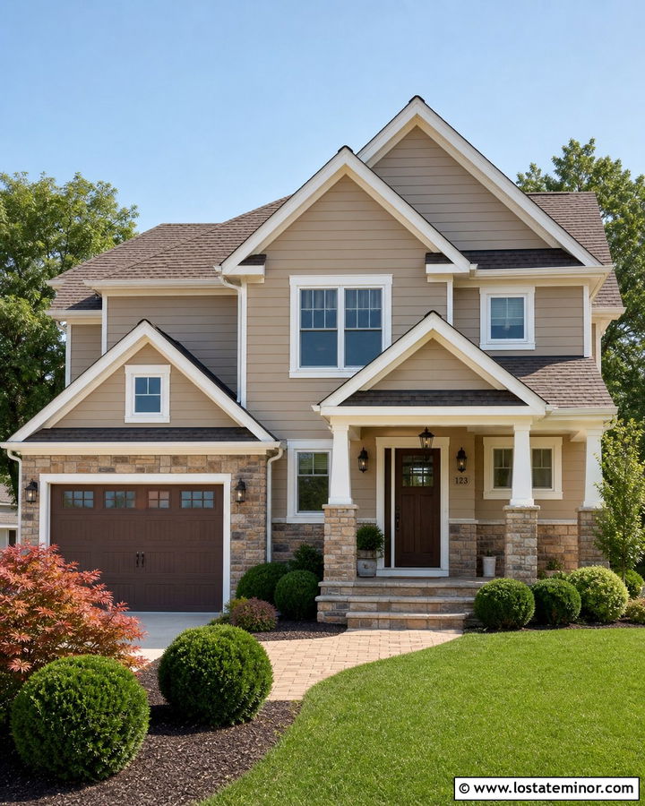 Beige Siding And Mixed Stone House - 30 Stone House Design With Siding Ideas