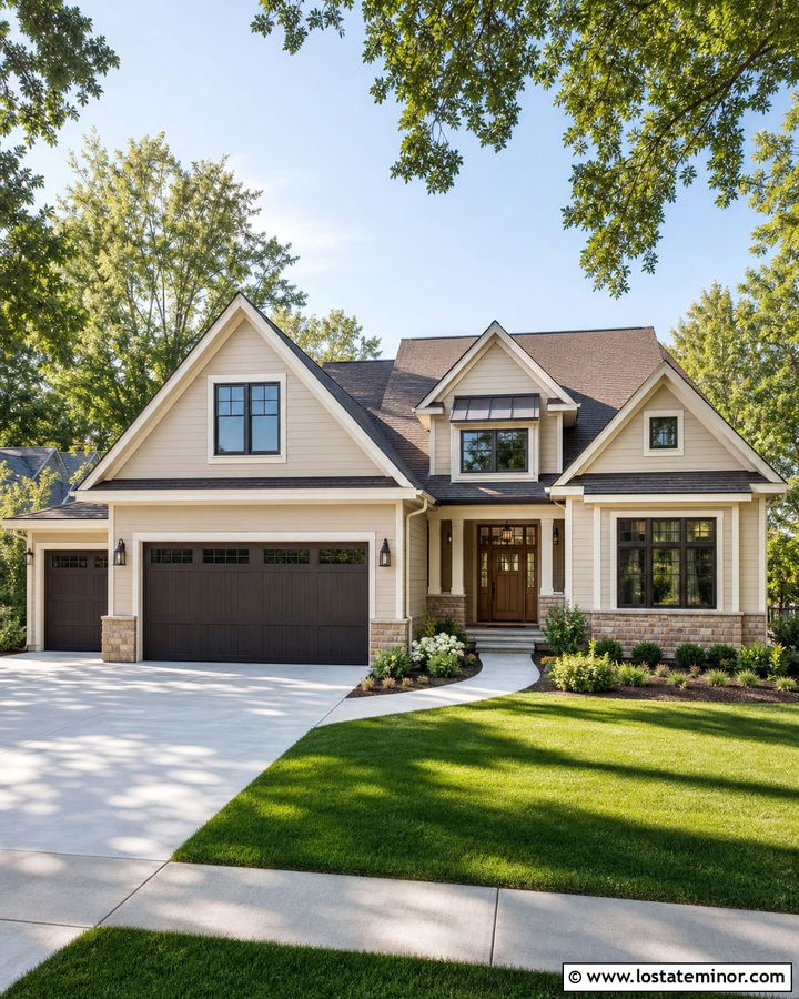 Beige Siding With Dark Garage Doors - 30 Beige House Design With Siding Ideas