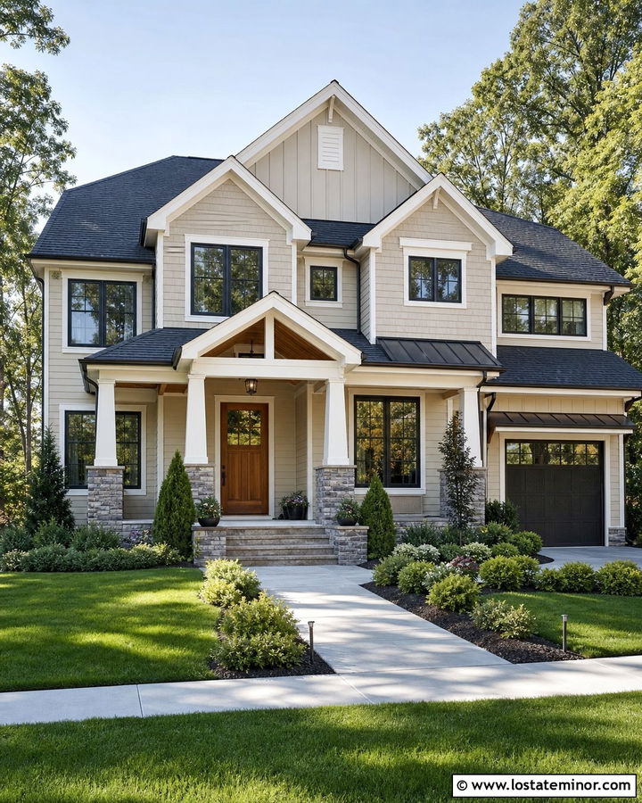 Beige Siding With Mixed Siding Textures - 30 Beige House Design With Siding Ideas