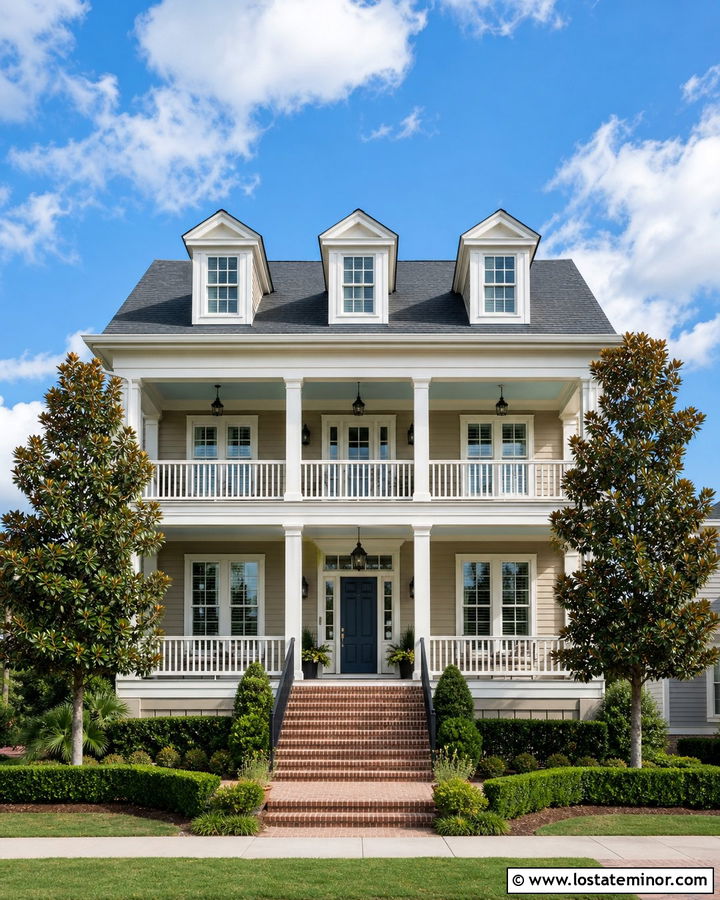 Beige Southern House With White Balcony Railings - 30 Beige House Design With Railings Ideas