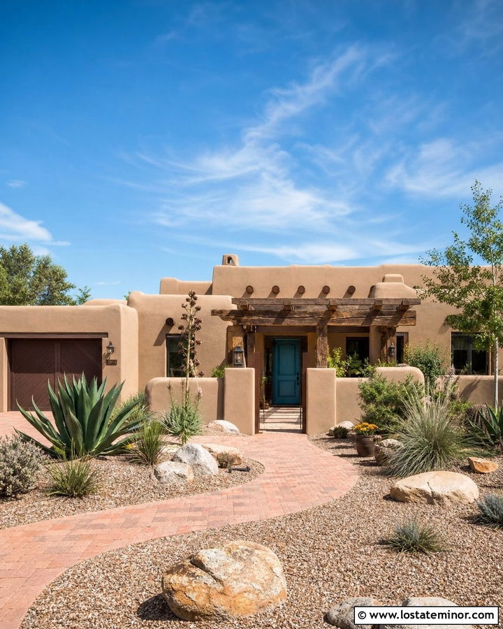 Beige Southwest House With Rustic Pergola - 30 Beige House Design With Pergola Ideas