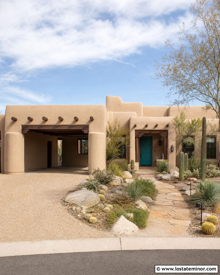 Beige Southwestern House With Adobe Carport - 30 Beige House Design With Carport Ideas