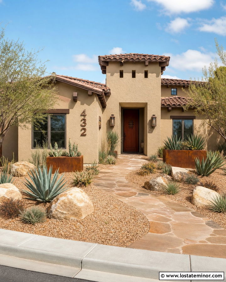 Beige Southwestern House With Rusted Steel Numbers - 30 Beige House Design With House Numbers Ideas