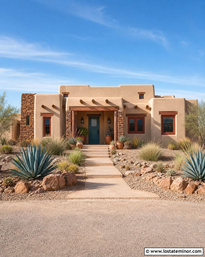 Beige Southwestern House With Terracotta Window Frames - 30 Beige House Design With Window Frames Ideas